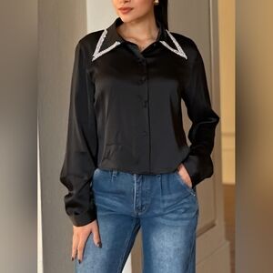 Hot & Delicious Black Crop Button-Up Top with Embellished Silver Collar